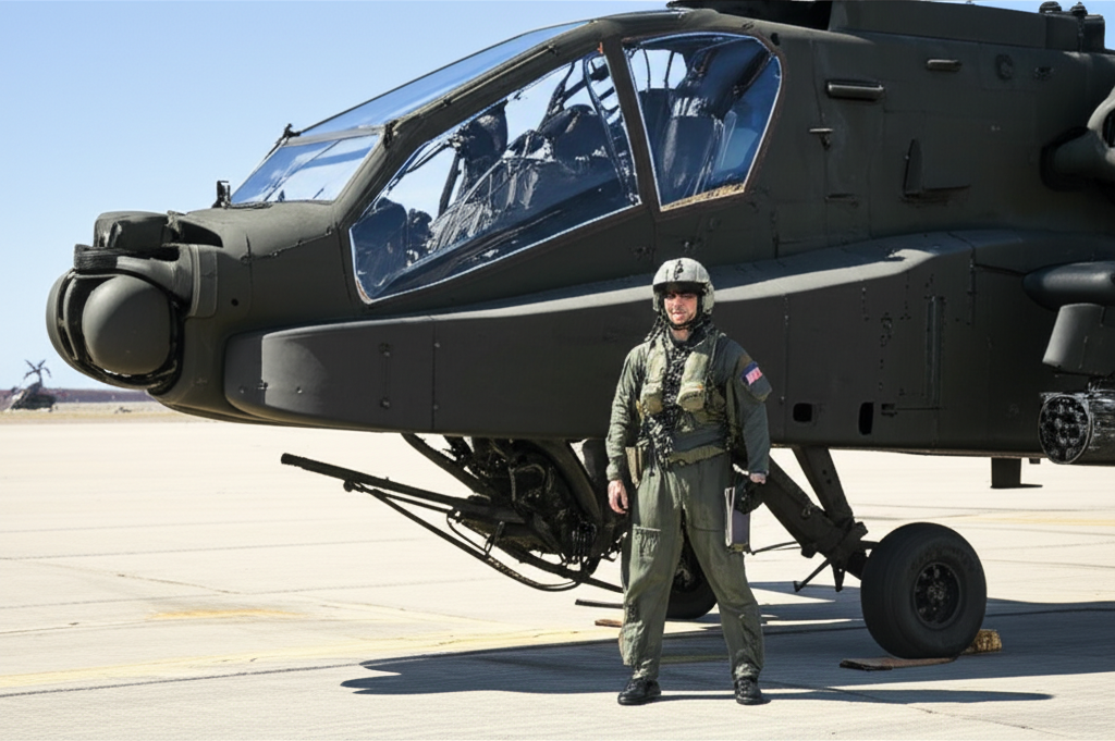 Apache helicopter pilot in flight gear standing next to AH-64 on military airfield