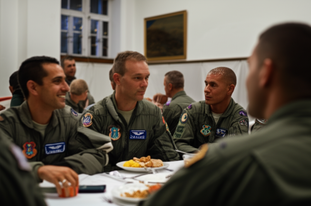 Pilots sharing meal at officers club