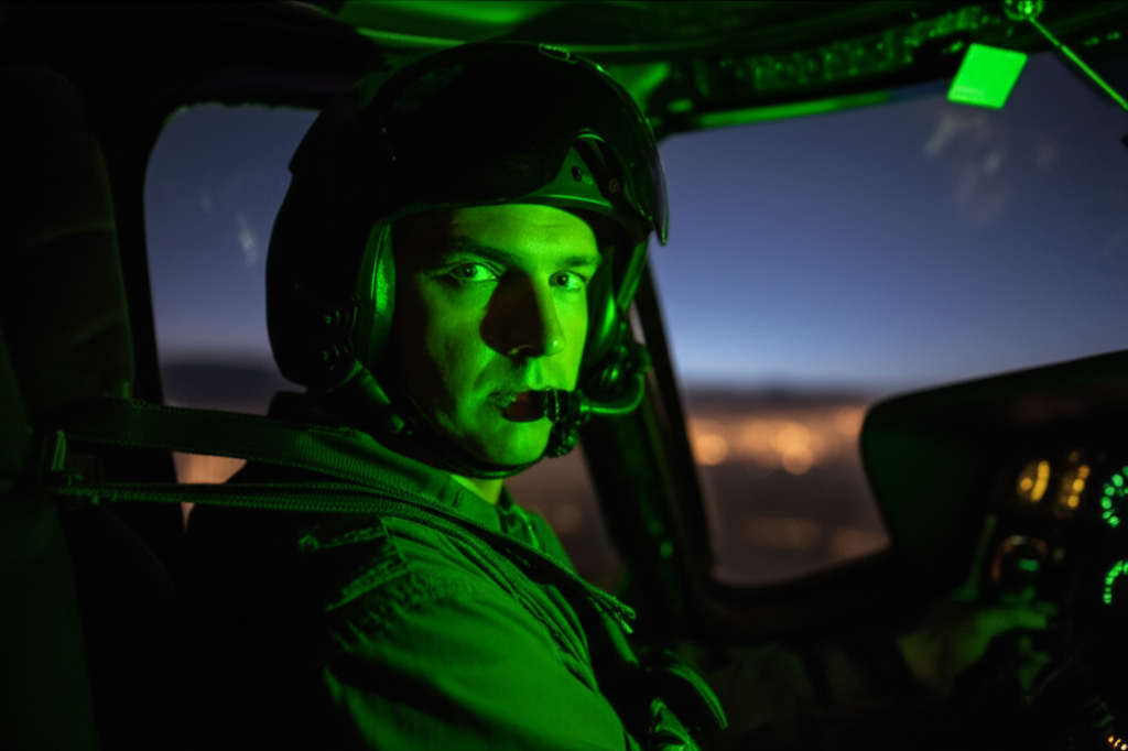 Helicopter pilot wearing night vision goggles in cockpit