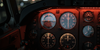 Aircraft cockpit instruments showing artificial horizon and airspeed indicator