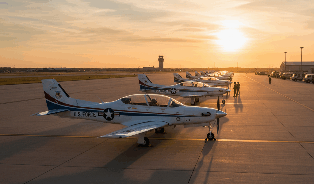 U.S. Air Force T-6 Texan II trainer aircraft lined up on flight line at sunrise