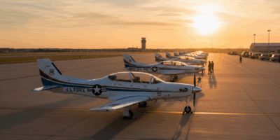 U.S. Air Force T-6 Texan II trainer aircraft lined up on flight line at sunrise