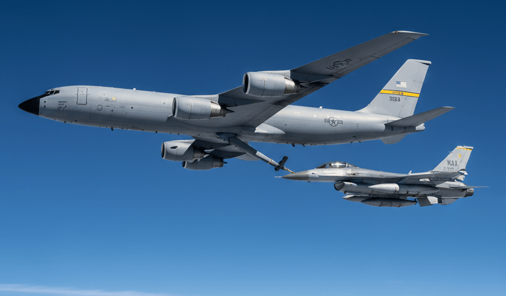 U.S. Air Force KC-135 Stratotanker aerial refueling an F-16 Fighting Falcon fighter jet in flight