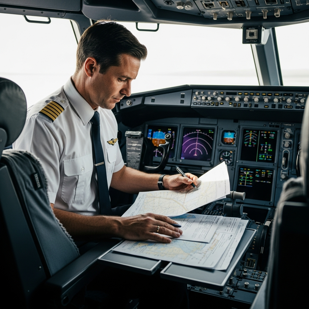 Airline pilot reviewing flight documents in a commercial cockpit during the military to airline transition
