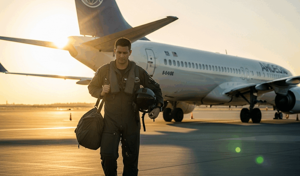 military pilot in flight suit walking toward a commercial ai 20260331 082406