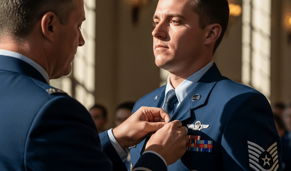 rotc cadet in air force blue uniform receiving pilot wings p 20260331 082053