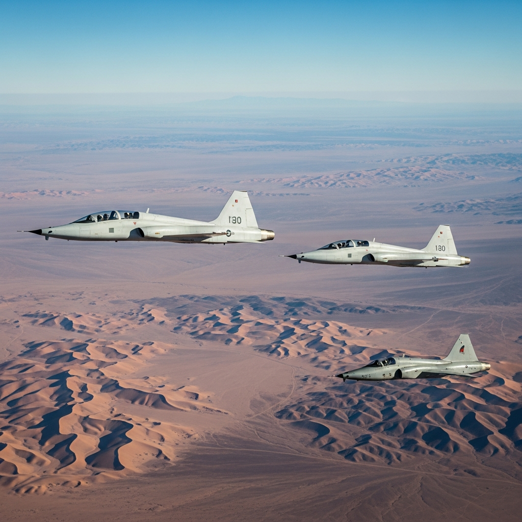 T-38 Talon supersonic jet trainers in formation flight over desert terrain during USAF pilot training