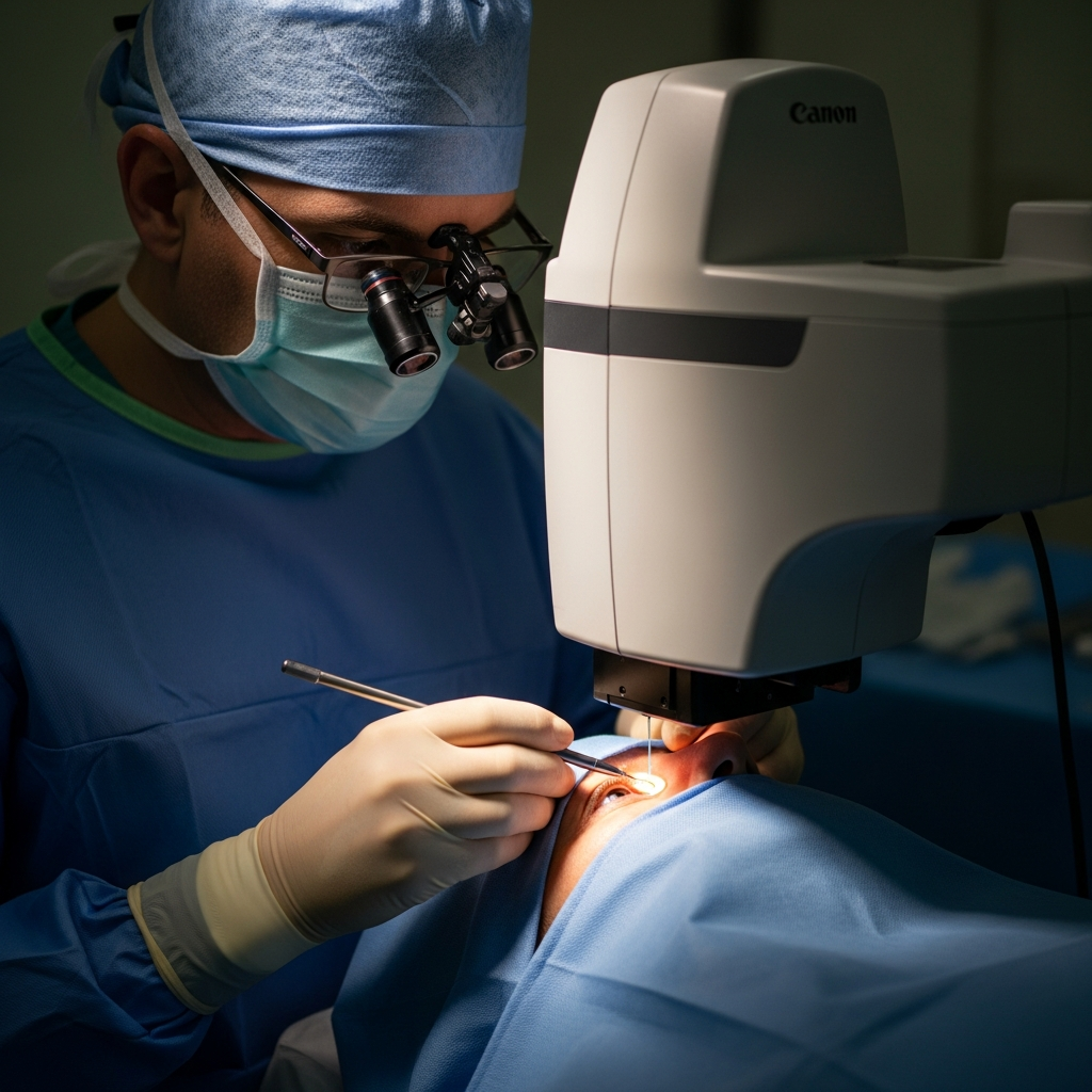 Surgeon performing PRK laser eye surgery, the procedure military aviation prefers over LASIK