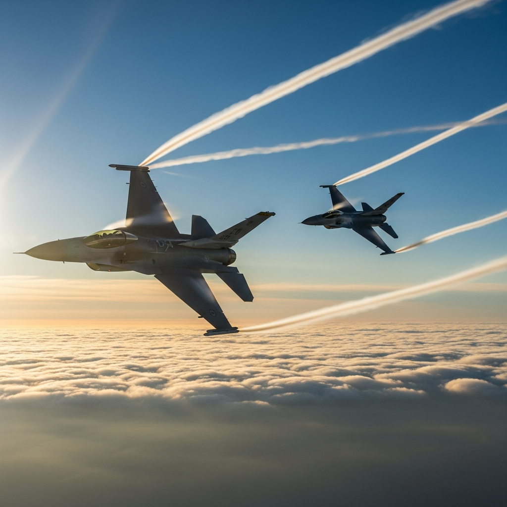 Fighter jets in a turning dogfight above the clouds, the kind of engagement that unfolded during Operation Bolo